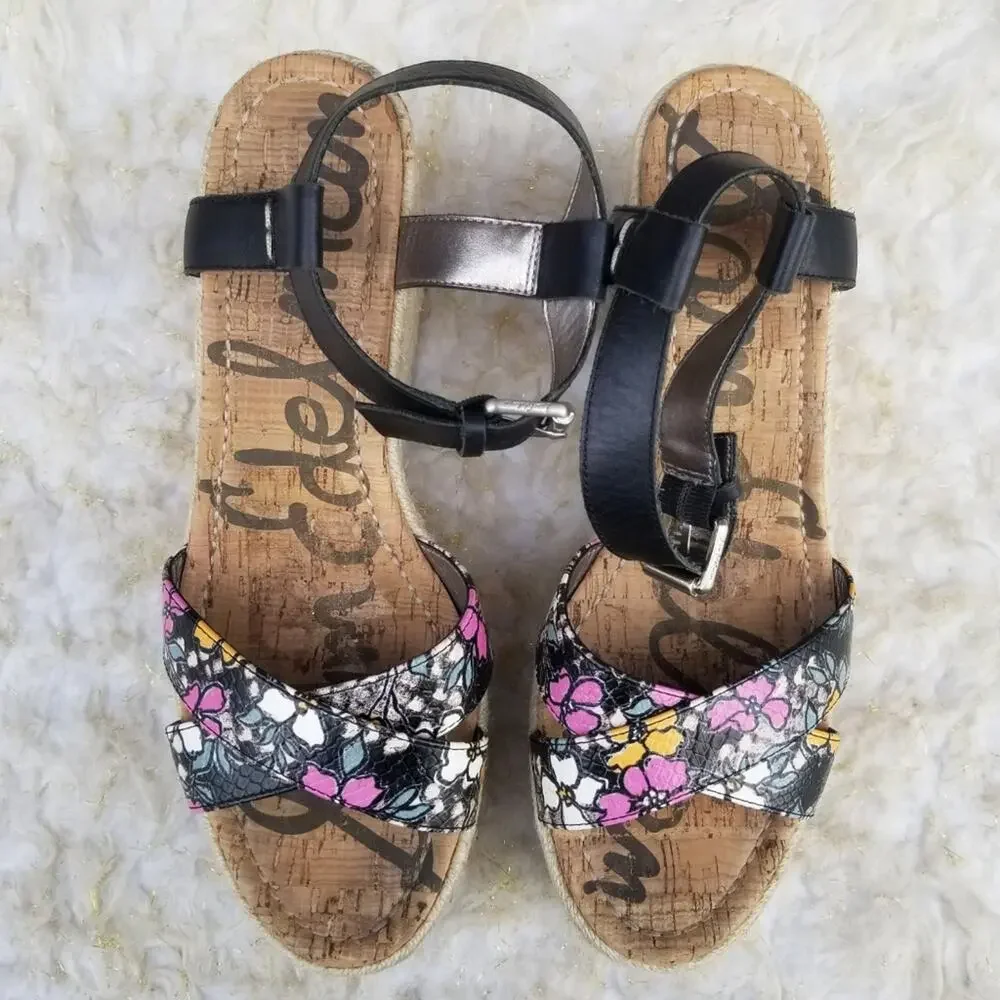 Platform Wedge Espadrille Sandals Sam Edelman Destin Size 10 Black Leather Strap